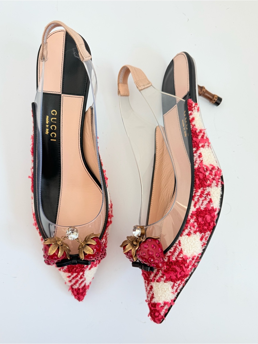 Gucci Eleanor Strawberry Tweed Crystal PVC Bamboo Slingback Pumps 39